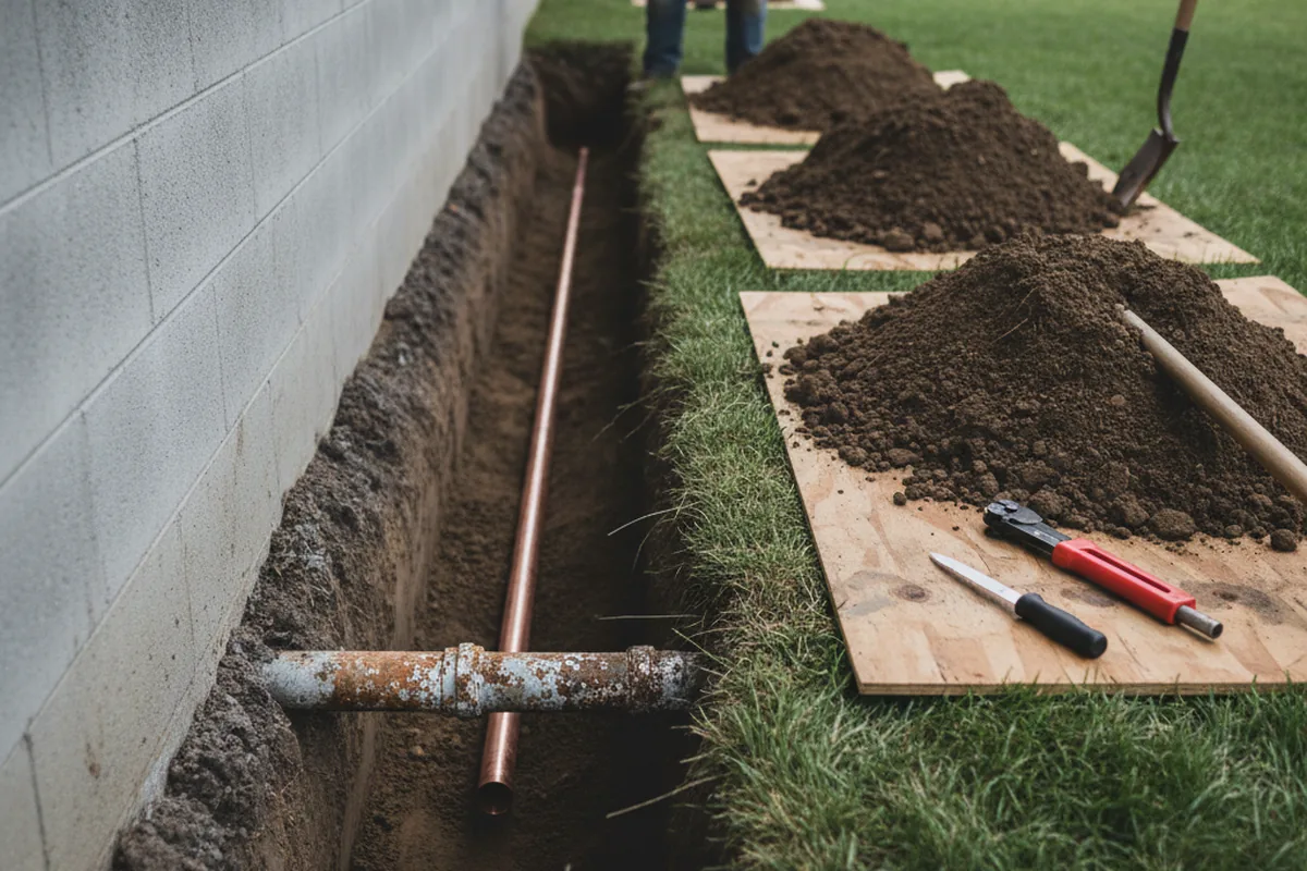 Excavated water line trench during Water Heater Repair in Hydetown